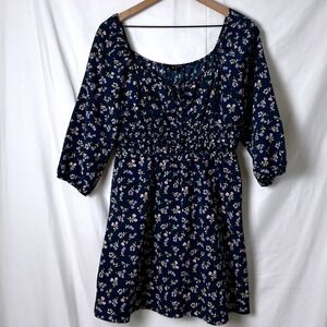 As U Wish Womens Smocked Mini Dress Size L Navy Blue Floral Milkmaid Cottagecore